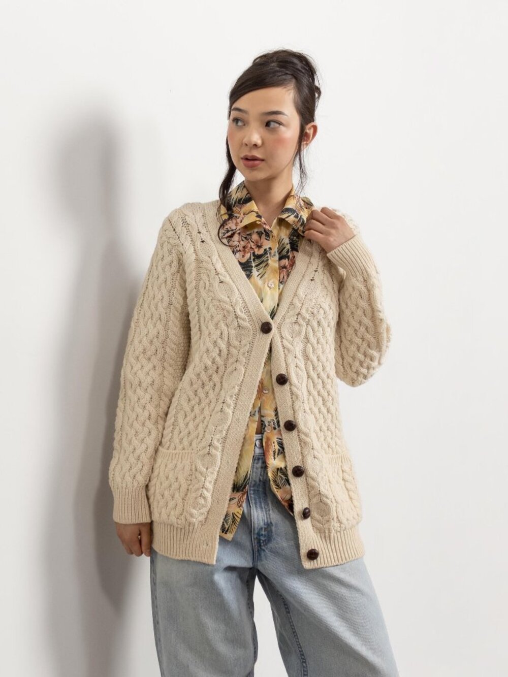IRISH WOOL CARDIGAN Oversize Vintage Cable Knit Beige Brown Cream Knitwear